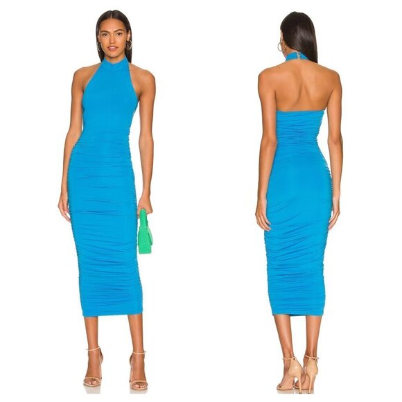 Superdown Mallory High Neck Bodycon Midi Dress Ruched Halter in Blue Women's S - Picture 9 of 9